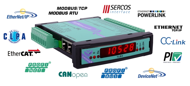 The LAUMAS weight transmitter surrounded by the logos of all the 14 fieldbuses with which it can be interfaced