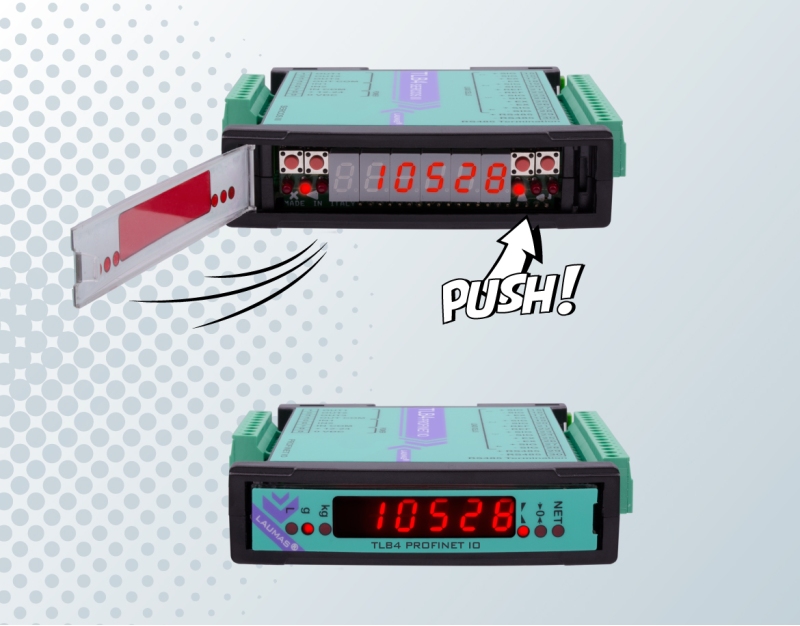 L’interfaccia del trasmettitore di peso LAUMAs TLB4 con pulsanti per la cstelle des LAUMAS TLB4 Wägetransmitters mit Schaltflächen zur Koonfigurazione dello strumento e display per la lettura del peso