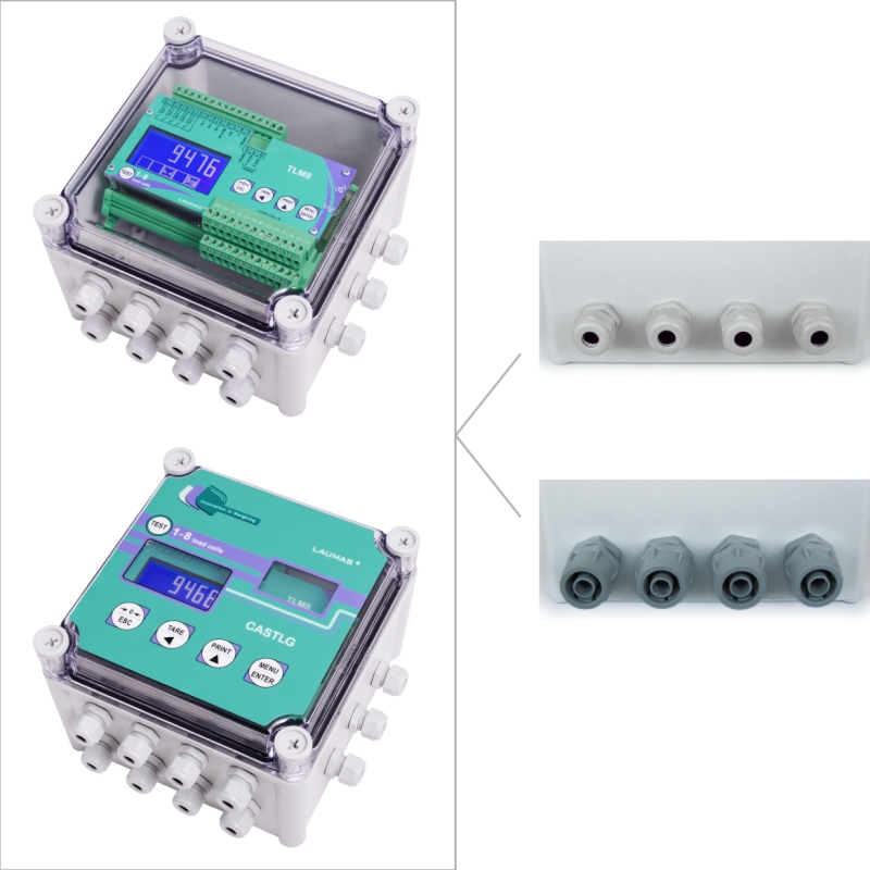 Le transmetteur de poids TLM8 en boîtier IP67, également dans la version avec clavier externe. Les presse-étoupes et les raccords en PVC pour gaine.