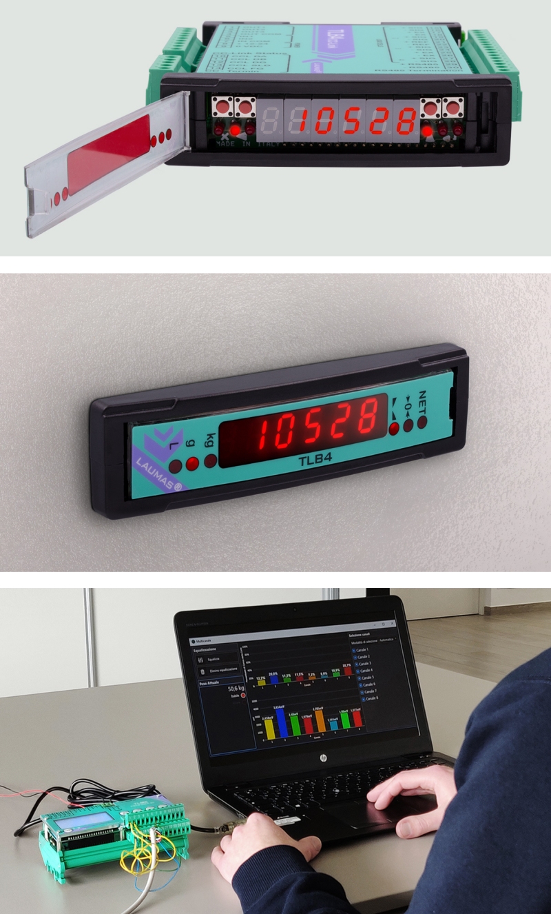 Interfaccia del trasmettitore di peso LAUMAS TLB4; il trasmettitore di peso montato a fronte quadro e sua configurazione direttamente da PC, tramite il software Instrument Manager