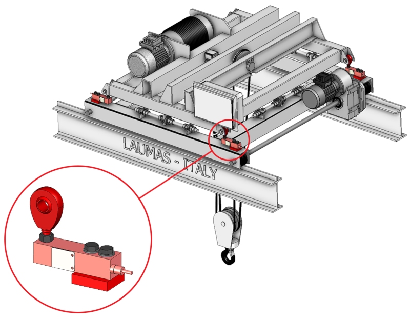 Weighing system on bridge crane: 4 LAUMAS shear beam load cells installed between the weighed structure (consisting of a frame and lifting winch) and a specially made counterframe.