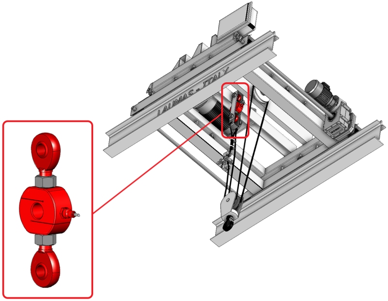 Célula de carga para tração CTL LAUMAS com junta esférica dupla aplicada a uma ponte rolante: uma junta é ancorada na extremidade fixa e a outra é acoplada no cabo. 