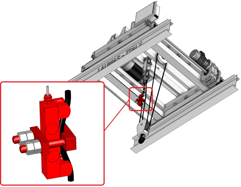 Cella di carico per rilevazione tiro fune FUN installata come morsetto alla partenza della fune ancorata al capofisso, per la limitazione del carico su carroponte.