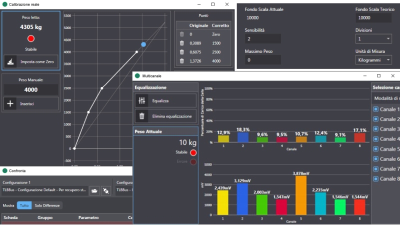 Alcune schermate del software LAUMAS Instrument Manager, per la gestione degli indicatori e dei trasmettitori di peso LAUMAS: calibrazione, equalizzazione e configurazione dei parametri.