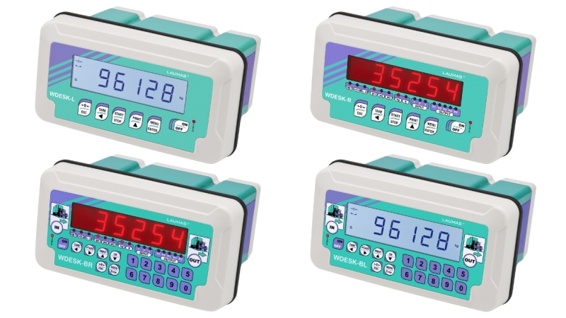 The LAUMAS WDESK weight indicator in 4 versions: L and BL models with semi-alphanumeric backlit LCD display and R and BR models with display with 16 signalling LEDs