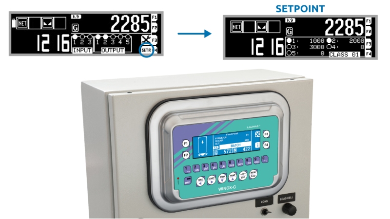 Schermate con l'impostazione dei setpoint nel programma di dosaggio base dell'indicatore di peso WINOX