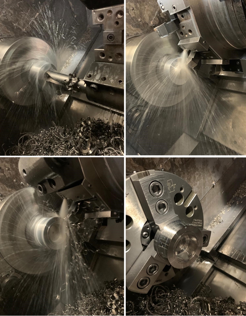Machining stages of a load cell: turning and milling.