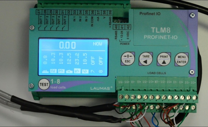 Integrierte Diagnose in einem Wägetransmitter. Das Display zeigt die prozentuale Verteilung des Gewichts auf den aktiven Kanälen an.