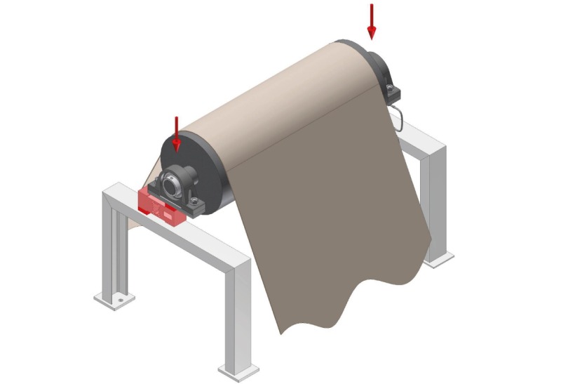 Applicazione di cella di carico off-center su rullo in un sistema di misurazione e regolazione del tensionamento.
