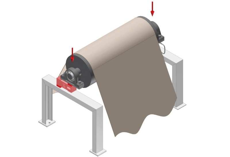 Application of a single-point load cell on a roller in a tensioning adjustment and measuring system.