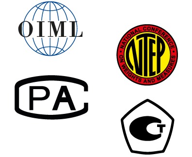 The logos of the main certifications for legal for trade use of load cells: OIML R 60, NTEP, PAC and CPA.