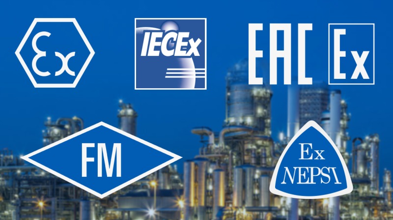 The logos of the main certifications for using load cells in potentially explosive atmospheres: Atex, IECEx, EAC Ex, FM HazLoc and Ex Nepsi.