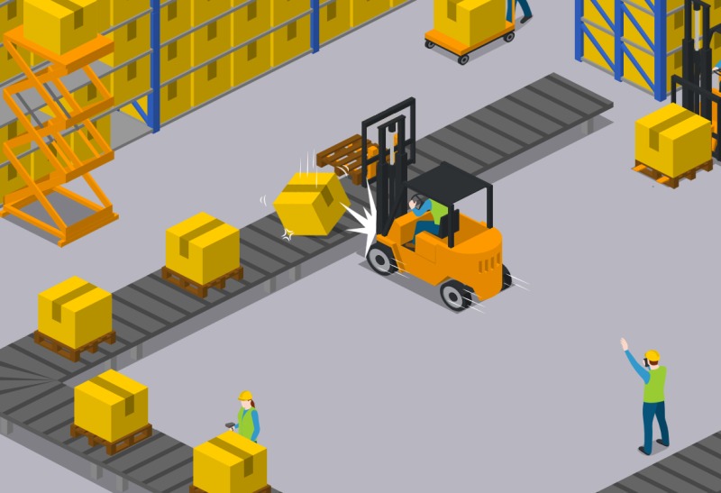 Impact between a forklift truck and a roller conveyor.