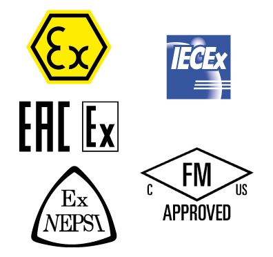 The logos of the main certifications for using load cells in potentially explosive atmospheres: Atex, IECEx, EAC Ex, FM HazLoc and Ex Nepsi.